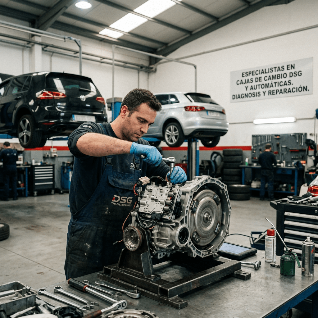 Mechanic working on car transmission in automotive repair shop